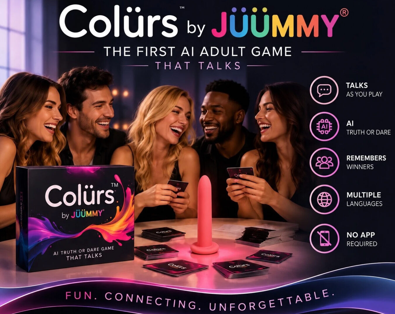 Friends laughing and playing Juummy Colurs around a table